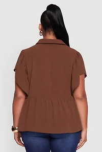 Womens Plus Crepe Knit Button Front Peplum Blouse, 2X