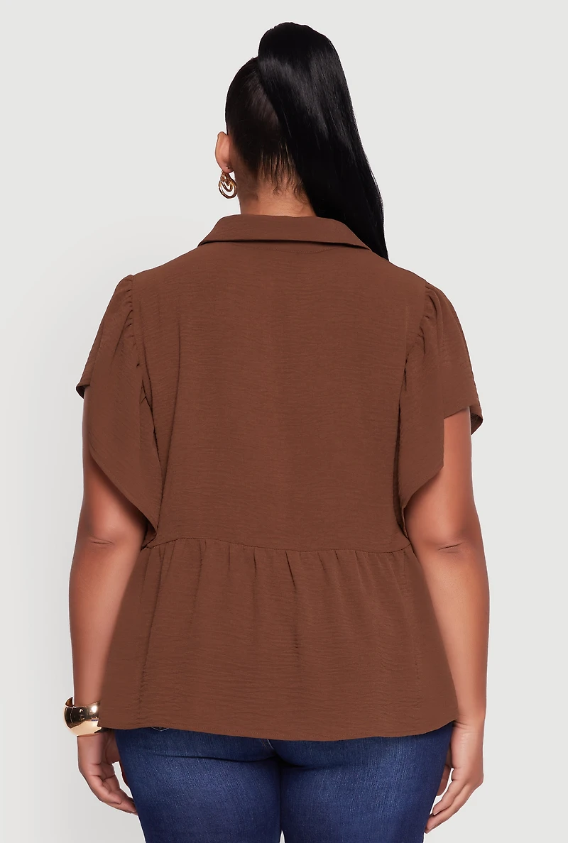 Plus Crepe Knit Button Front Peplum Blouse