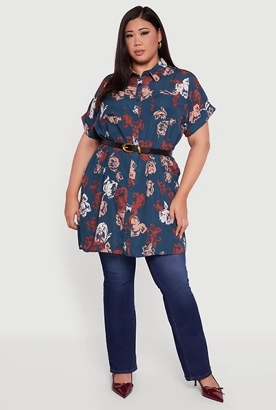 Womens Plus Size Floral Fixed Cuff Button Front Tunic Shirt, Blue, Size 2X