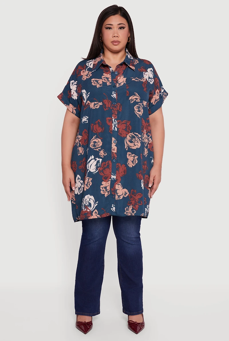Plus Floral Fixed Cuff Button Front Tunic Shirt