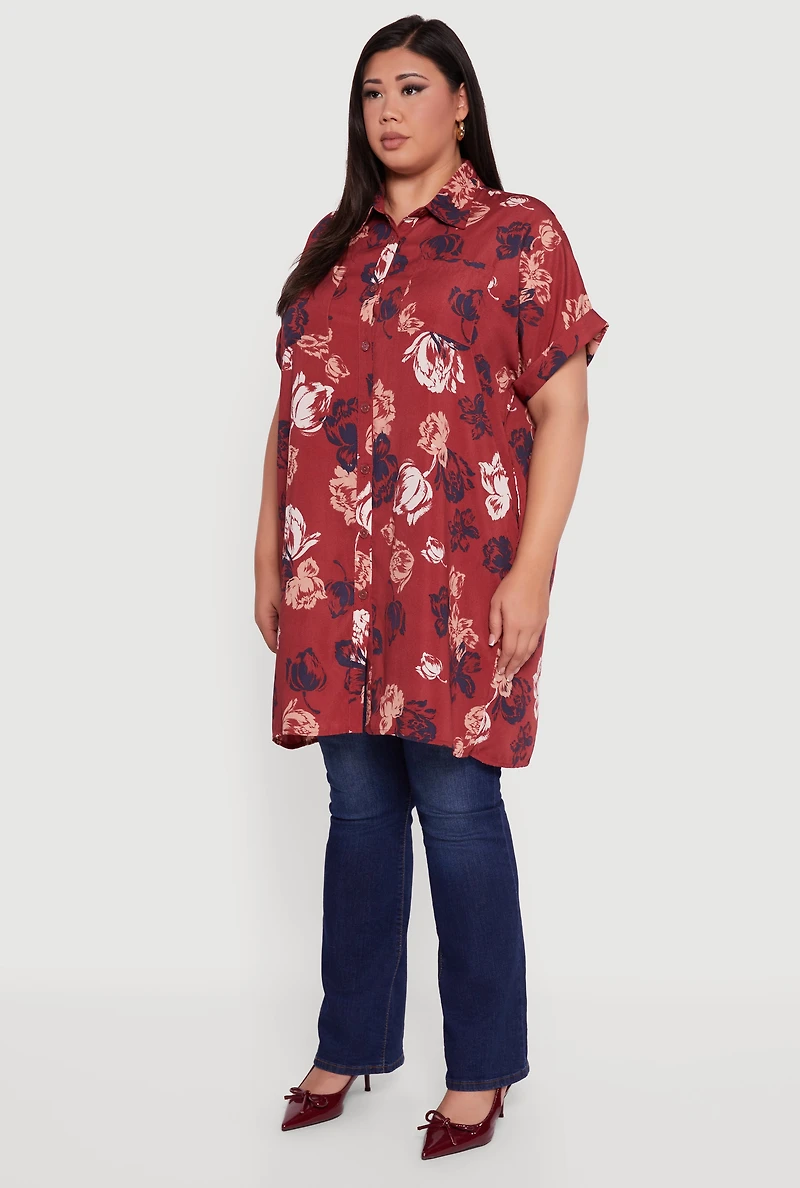 Plus Floral Fixed Cuff Button Front Tunic Shirt