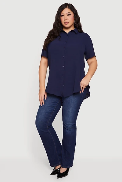 Plus Side Slit Short Sleeve Button Front Tunic Shirt