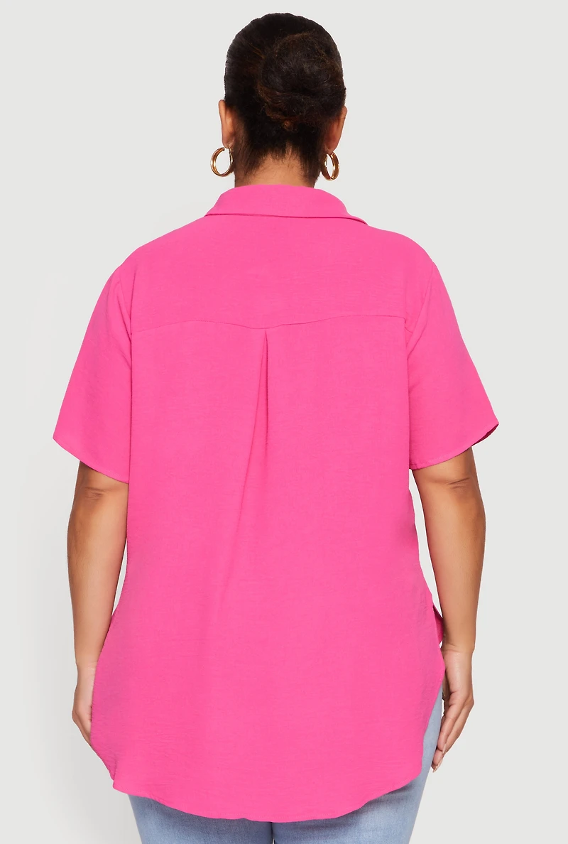 Plus Side Slit Short Sleeve Button Front Tunic Shirt