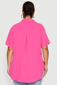 Plus Side Slit Short Sleeve Button Front Tunic Shirt