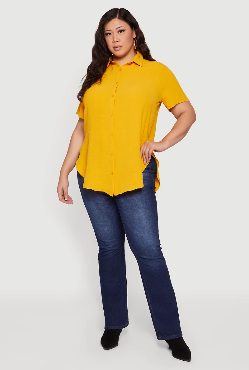 Plus Side Slit Short Sleeve Button Front Tunic Shirt
