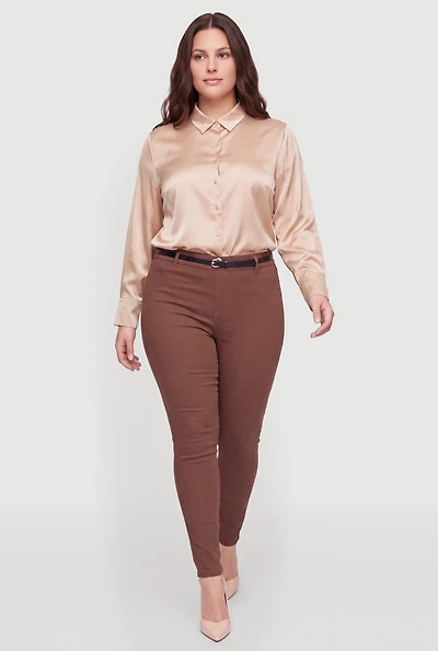 Plus Satin Long Sleeve Button Front Shirt