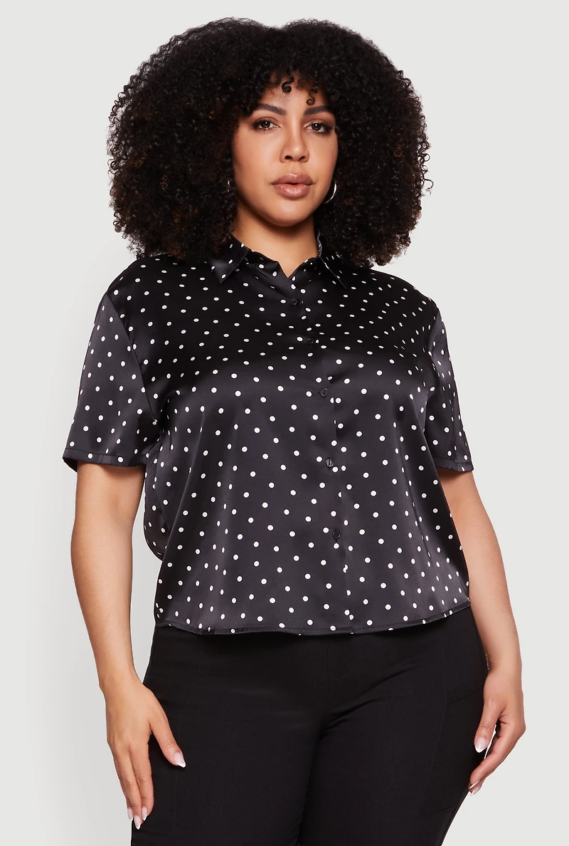 Plus Satin Polka Dot Button Front Shirt