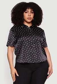 Plus Satin Polka Dot Button Front Shirt