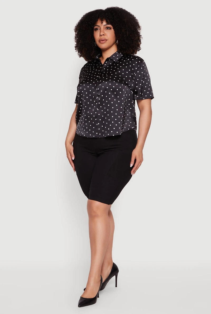 Plus Satin Polka Dot Button Front Shirt