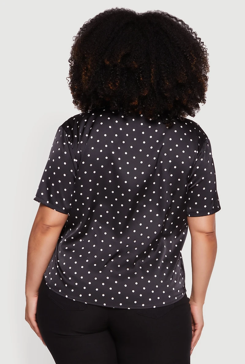 Plus Satin Polka Dot Button Front Shirt