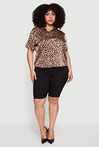 Plus Leopard Print Satin Short Sleeve Button Front Shirt
