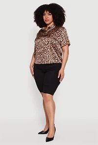 Plus Leopard Print Satin Short Sleeve Button Front Shirt