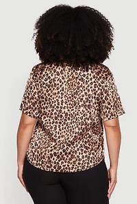 Plus Leopard Print Satin Short Sleeve Button Front Shirt