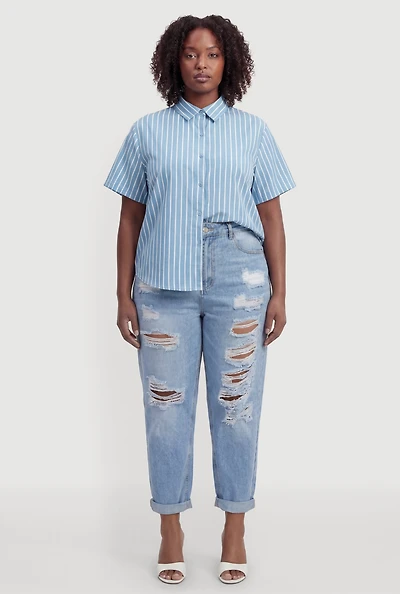 Plus Satin Short Sleeve Striped Button Front Shirt