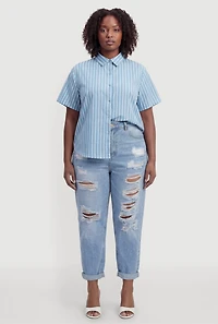 Plus Satin Short Sleeve Striped Button Front Shirt