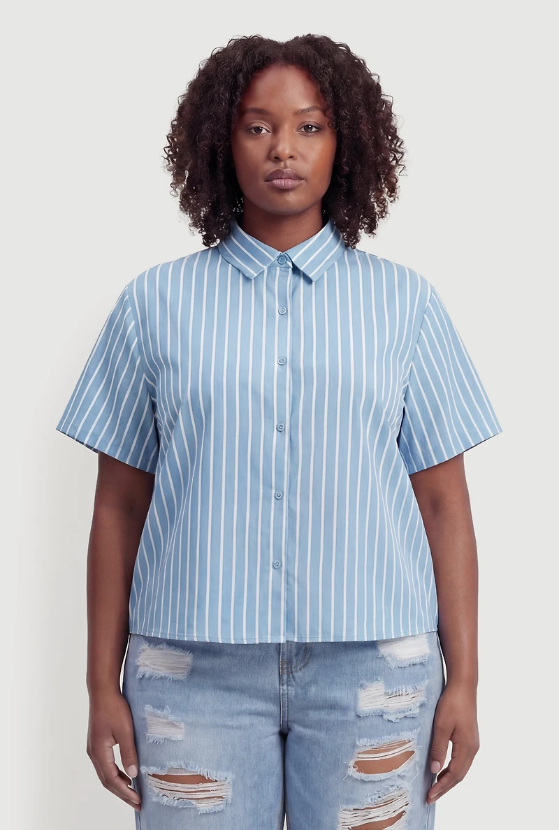 Plus Satin Short Sleeve Striped Button Front Shirt