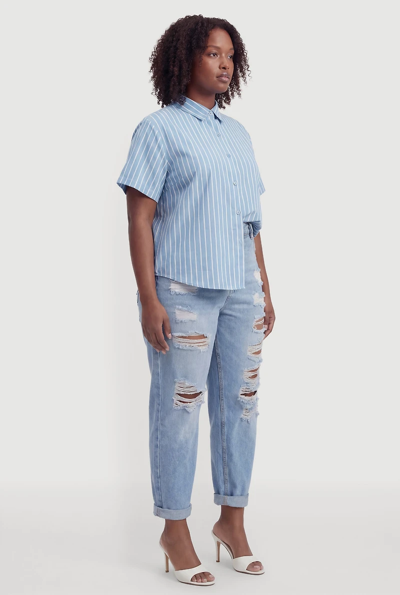 Plus Satin Short Sleeve Striped Button Front Shirt