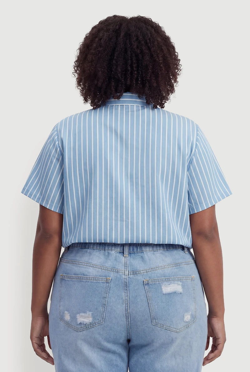 Plus Satin Short Sleeve Striped Button Front Shirt
