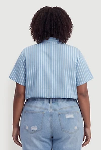 Plus Satin Short Sleeve Striped Button Front Shirt
