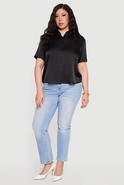 Plus Satin Button Front Collared Shirt