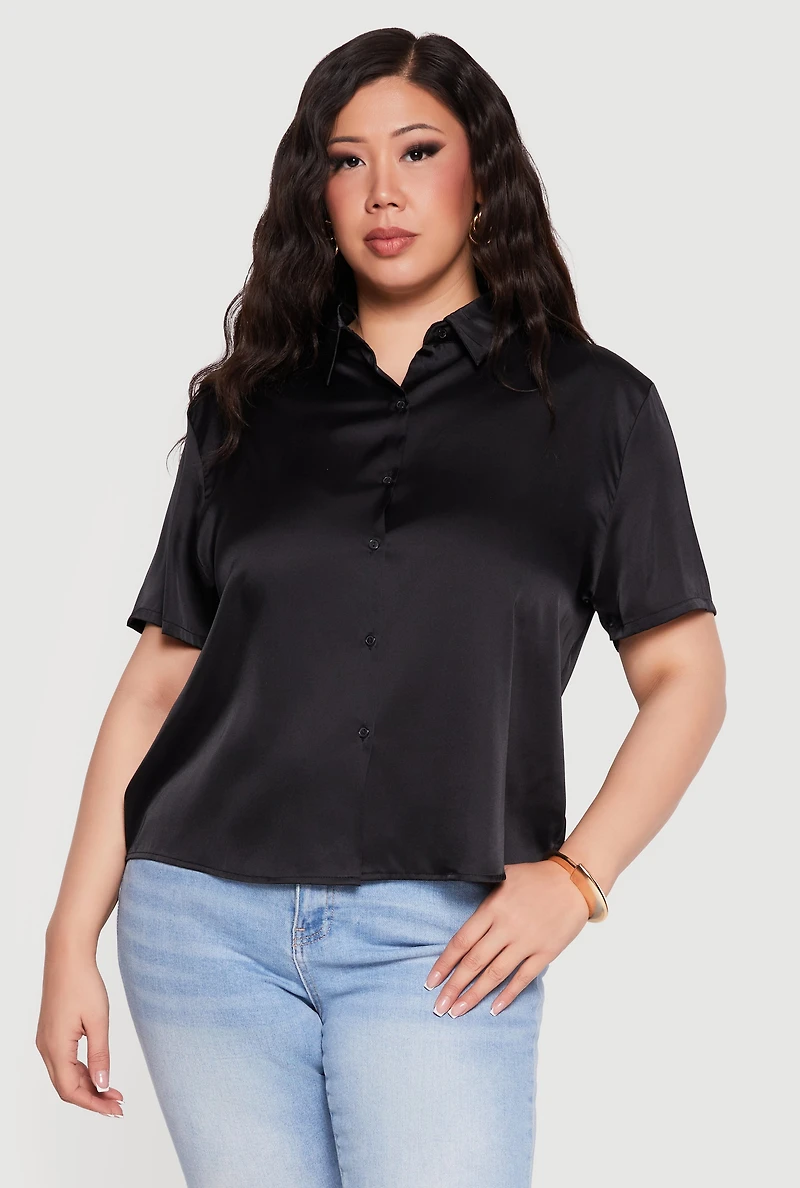Plus Satin Button Front Collared Shirt