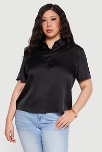 Plus Satin Button Front Collared Shirt