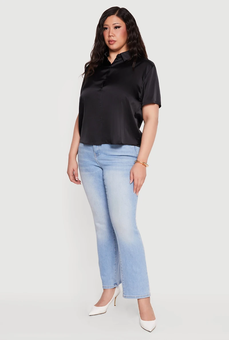 Plus Satin Button Front Collared Shirt