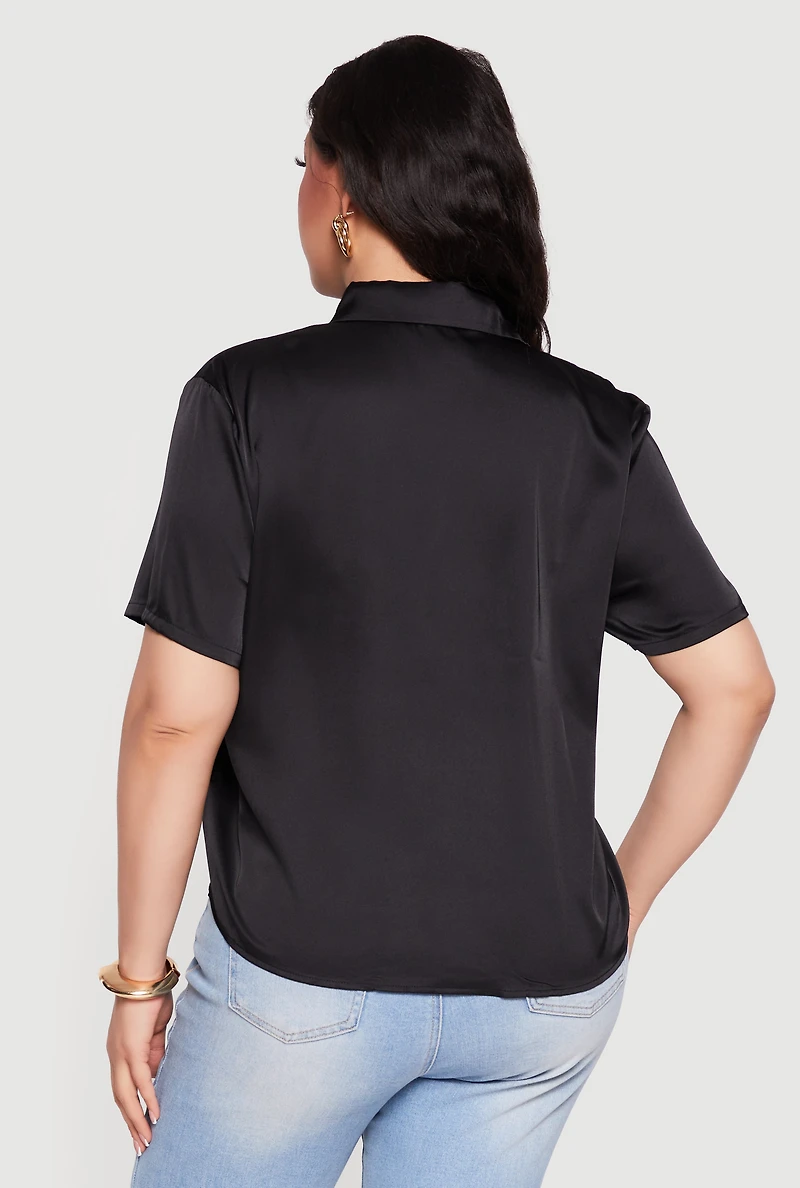 Plus Satin Button Front Collared Shirt