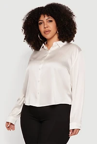 Plus Satin Button Front Long Sleeve Shirt