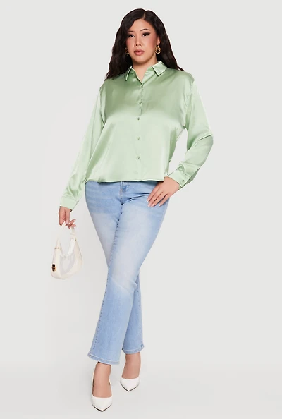 Plus Satin Button Front Long Sleeve Shirt