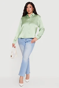 Plus Satin Button Front Long Sleeve Shirt