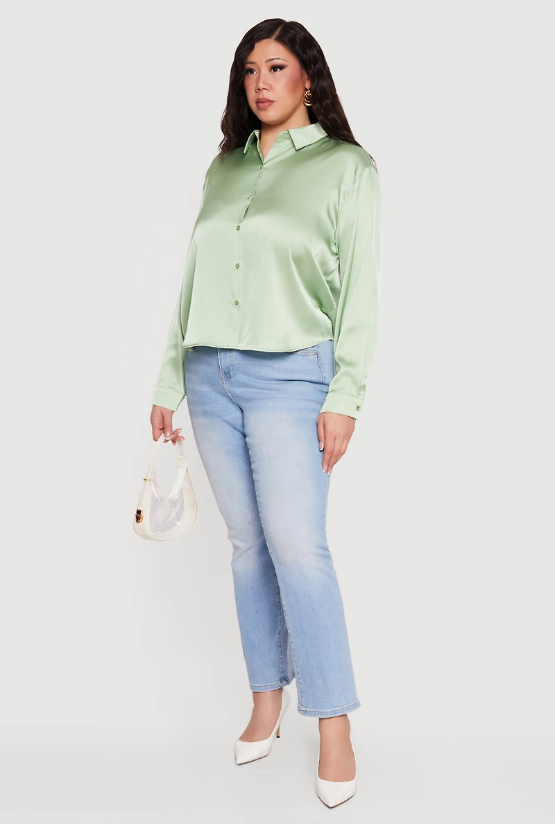 Plus Satin Button Front Long Sleeve Shirt
