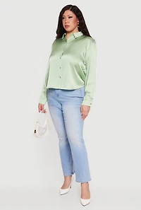 Plus Satin Button Front Long Sleeve Shirt