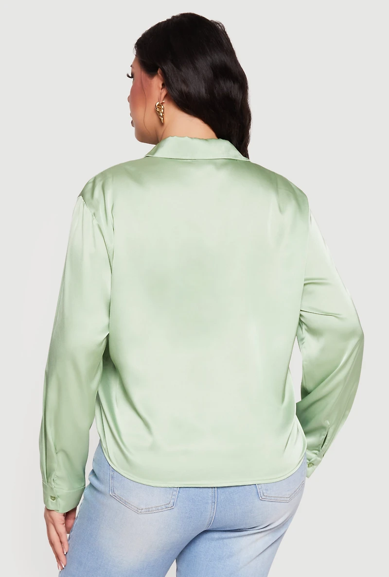 Plus Satin Button Front Long Sleeve Shirt