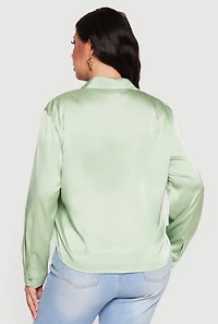 Plus Satin Button Front Long Sleeve Shirt