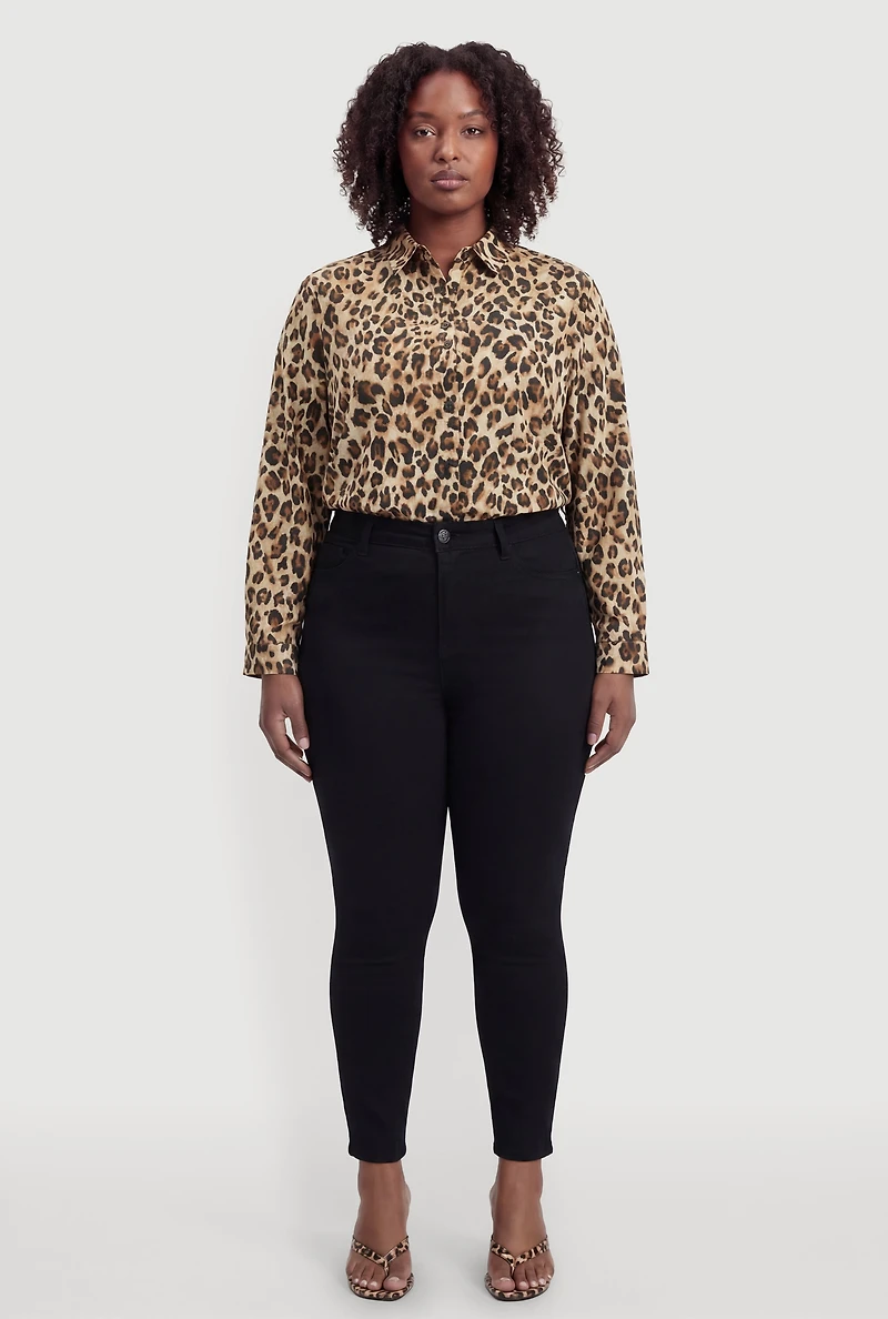 Plus Satin Long Sleeve Leopard Print Shirt