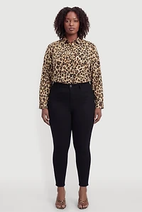 Plus Satin Long Sleeve Leopard Print Shirt