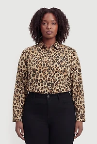 Plus Satin Long Sleeve Leopard Print Shirt