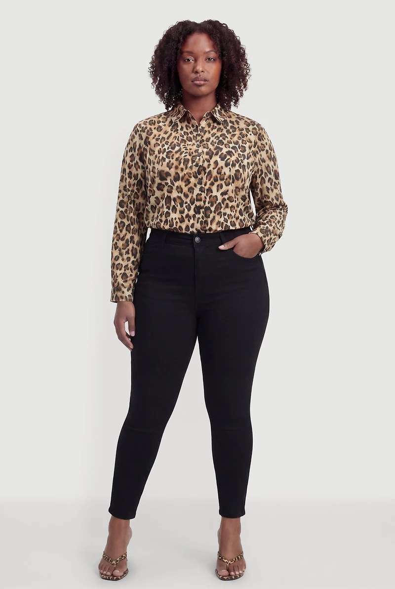 Plus Satin Long Sleeve Leopard Print Shirt