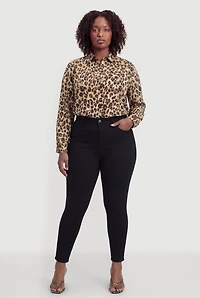 Plus Satin Long Sleeve Leopard Print Shirt