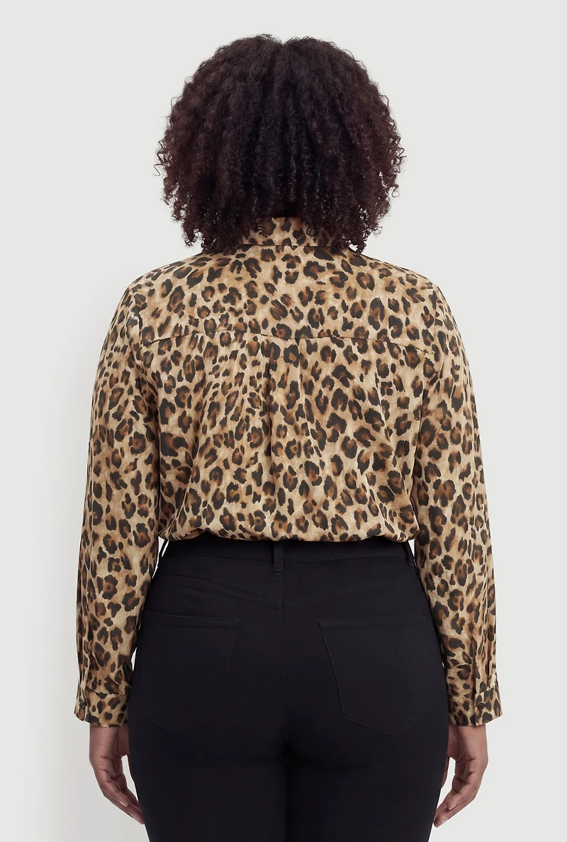 Plus Satin Long Sleeve Leopard Print Shirt