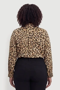 Plus Satin Long Sleeve Leopard Print Shirt