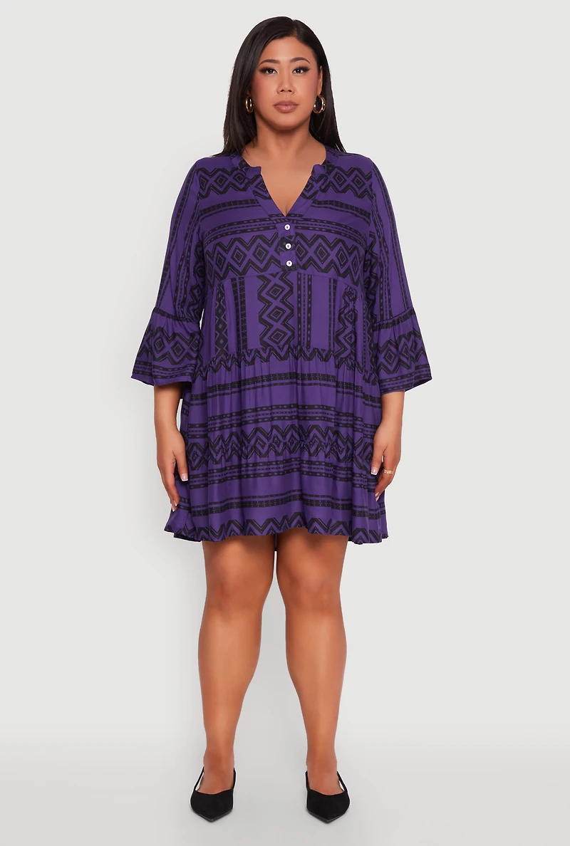Womens Plus Size Long Sleeve Tiered Dress, Purple, Size 1X