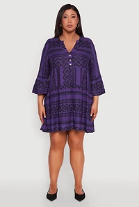 Womens Plus Size Long Sleeve Tiered Dress, Purple, Size 1X