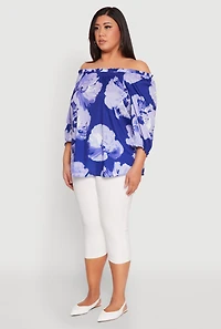 Womens Plus Size Floral Off the Shoulder Blouse, Blue, Size 3X