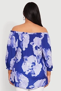 Womens Plus Size Floral Off the Shoulder Blouse, Blue, Size 3X