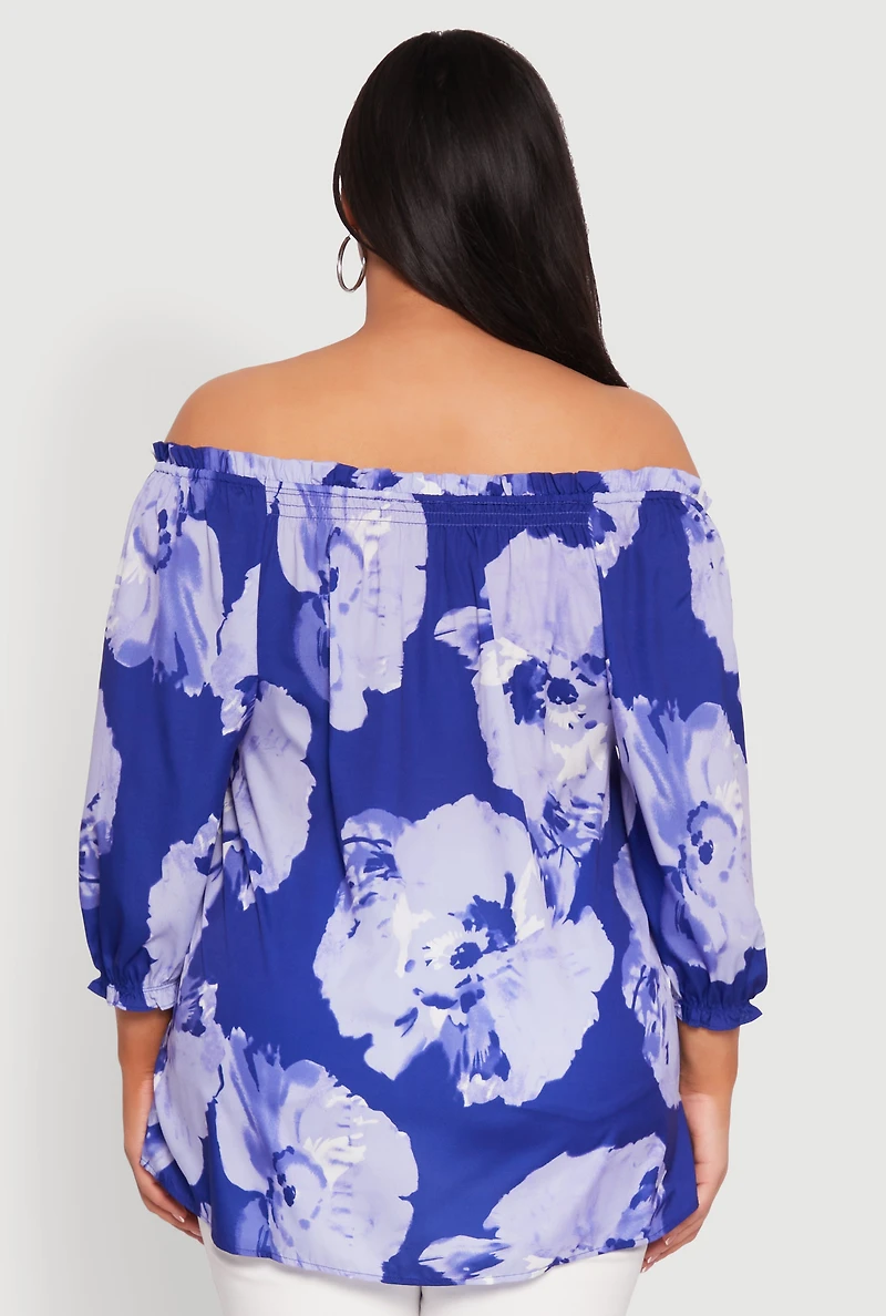 Womens Plus Size Floral Off the Shoulder Blouse, Blue, Size 2X