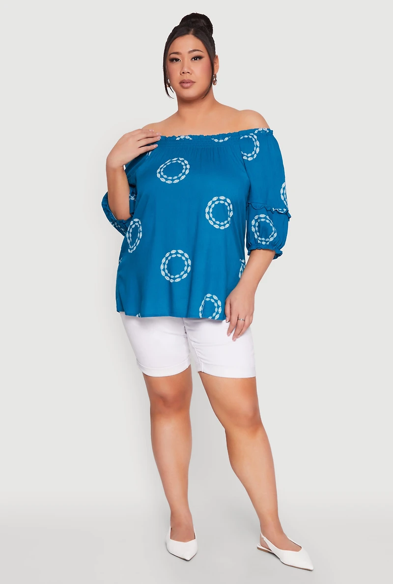 Womens Plus Size Circle Print Off The Shoulder Top, Blue, Size 3X