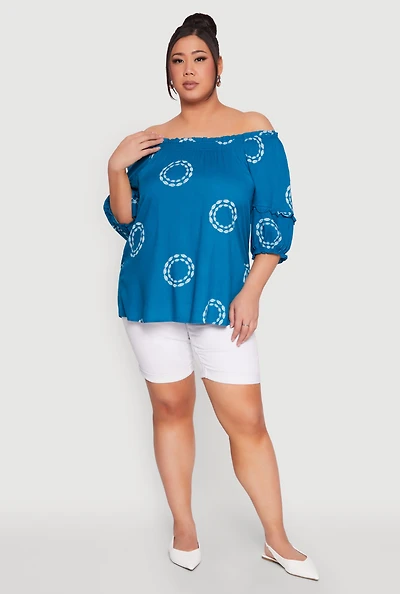 Womens Plus Circle Print Off The Shoulder Top,