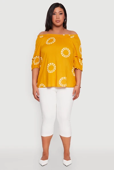 Womens Plus Circle Print Off The Shoulder Top, Yellow,